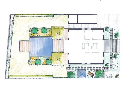Hausgartenplanung mit Pool und Holzterrasse