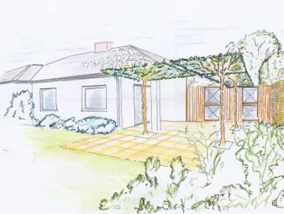 Hausgarteplan mit Schirmplatanen