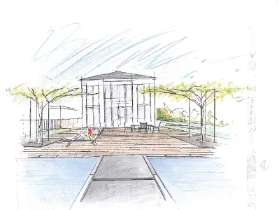 Hausgarten mit Pool und Holzterrasse