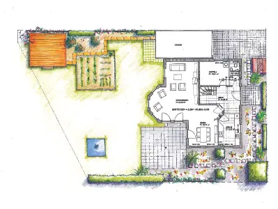 Gartenplanung mit Holzterrasse und Kräutergarten